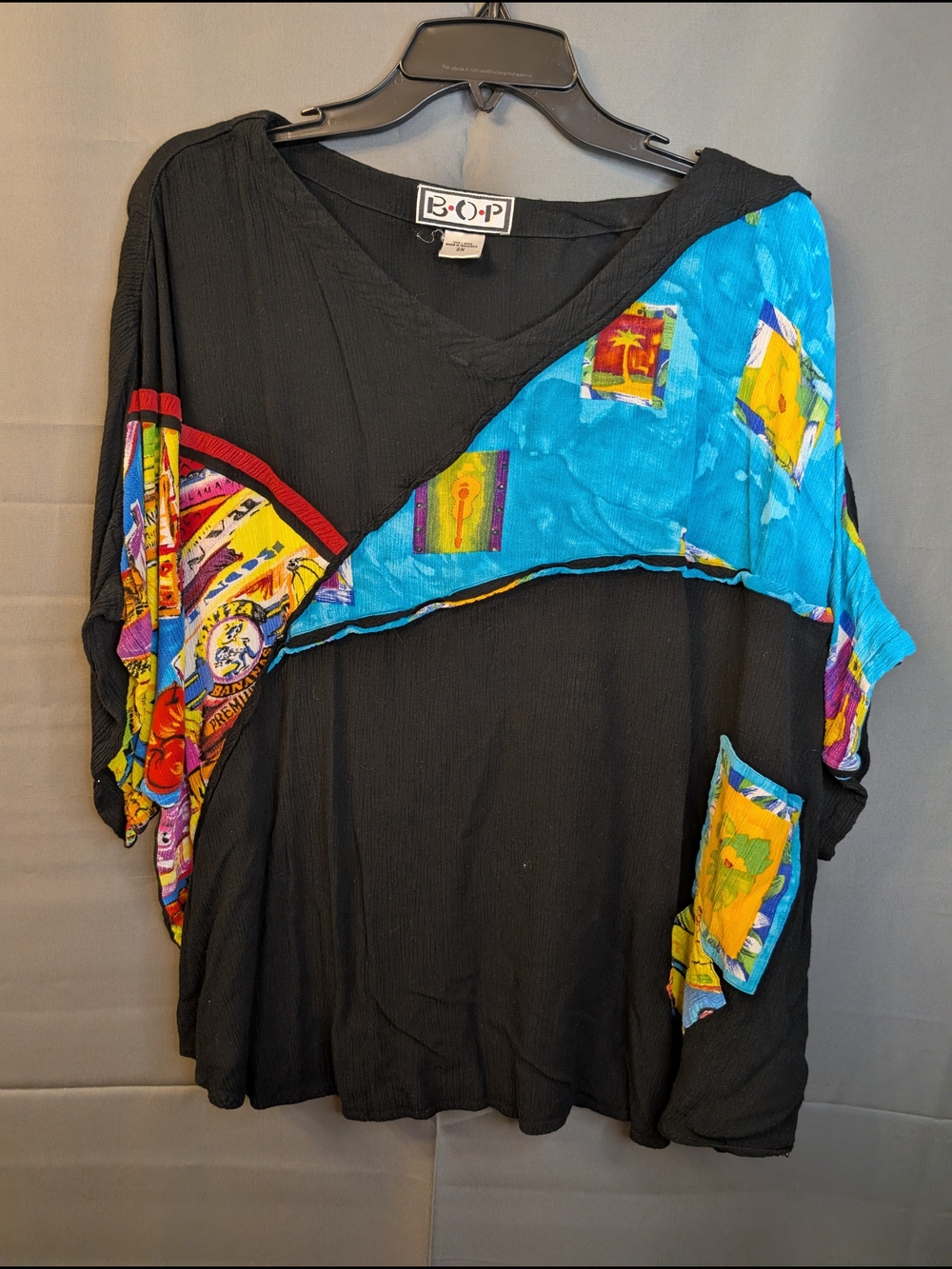 BOP Women's Black V-Neck with Turquoise Patchwork